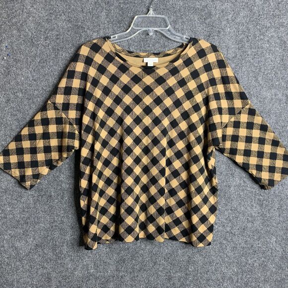 J Jill Check Crop Top Woman Tan  Black Drop Shoulder 3/4 Sleeve Soft Modal Blnd - Picture 1 of 14